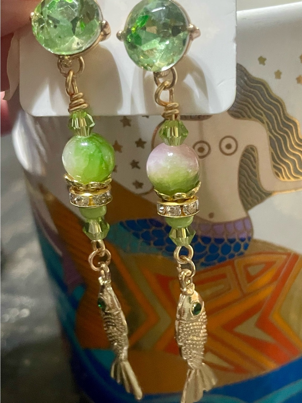 Handcrafted Fish Charm Earrings with Green Beads - Picture 4 of 4